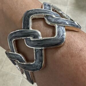 Vintage Gray Enamel Criss Cross Diamond Shaped Silver Tone Wide Hinge Bracelet